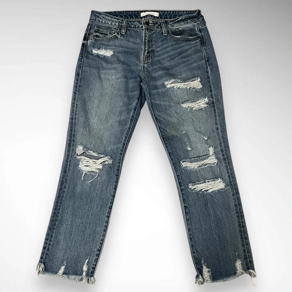 HIDDEN Bailey Slim‎ Fit Boyfriend Medium Wash Distressed Raw Hem Jeans 28 | EUC